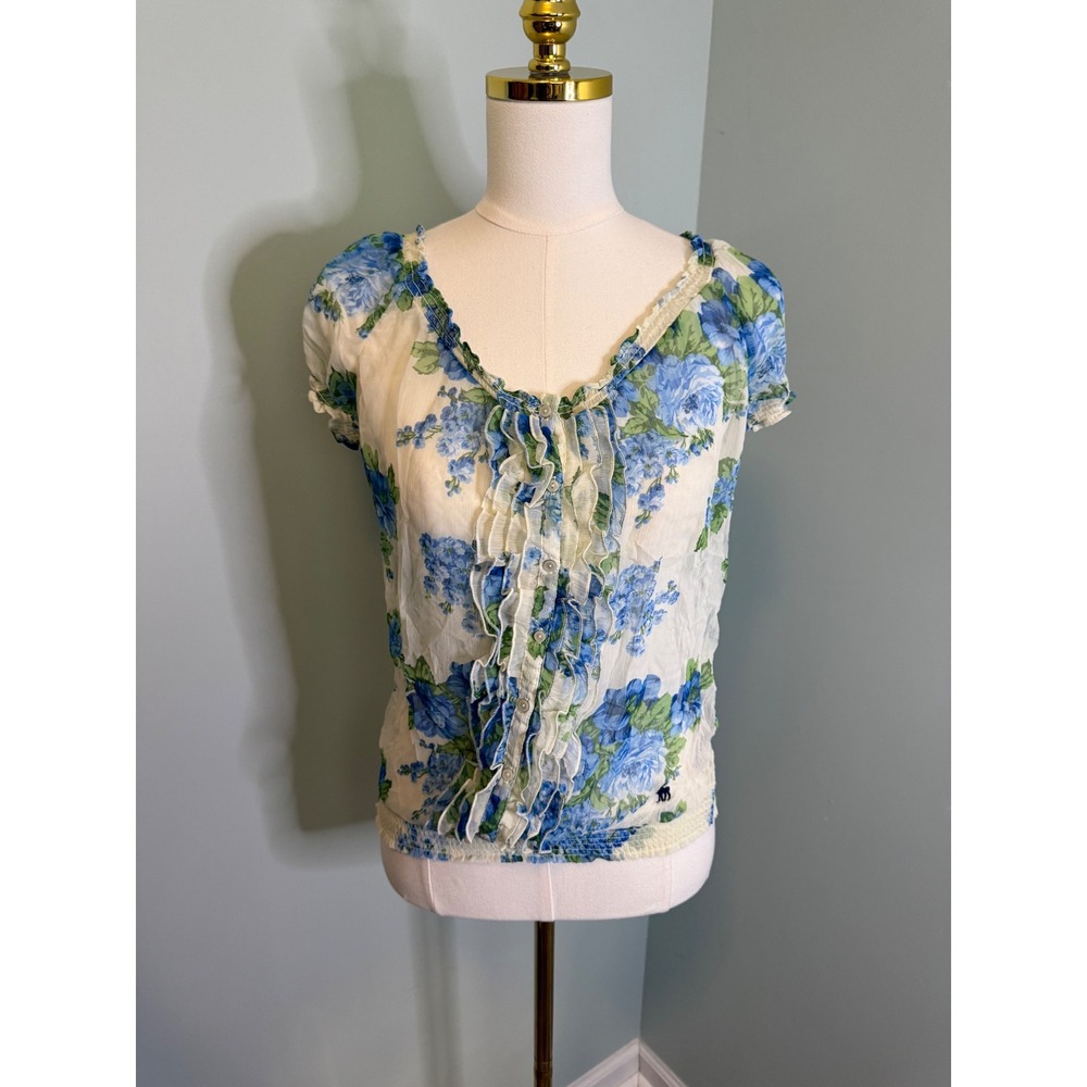 Abercrombie & Fitch Blue Floral Ruffle Sheer Blouse Smocked Hem Size Medium Y2K